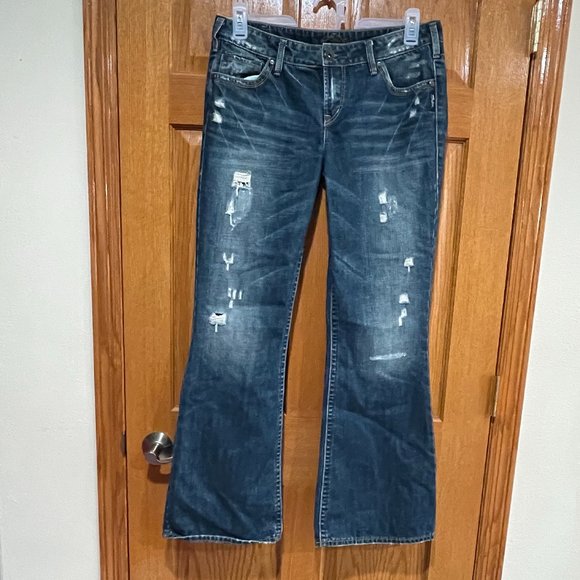 Silver Jeans Denim - SILVER JEANS AIKO Women's 31 x 33 Flare Medium Blue Denim Jeans Distressed EUC